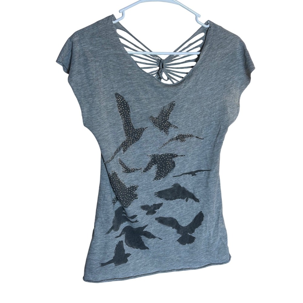 Y2K Wet Seal Gray Graphic Stud Tee Butterfly Cutout Back Fairy Whimsy Grunge S